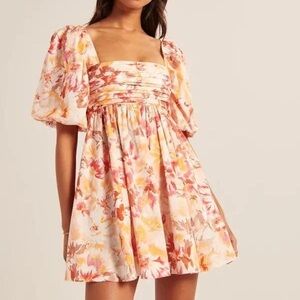 Abercrombie & Fitch Mini Emerson Poplin Puff Sleeve Dress Pink Floral Print
